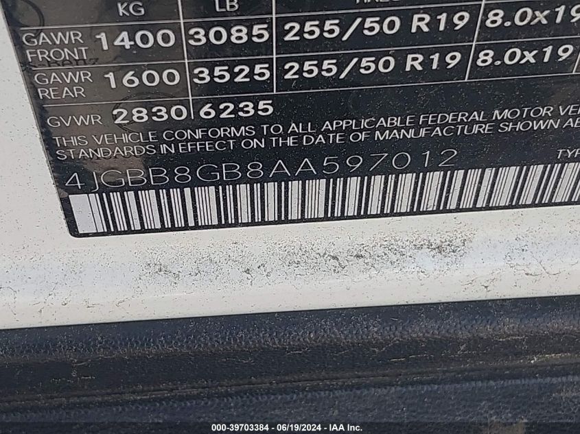 2010 Mercedes-Benz Ml 350 4Matic VIN: 4JGBB8GB8AA597012 Lot: 39703384