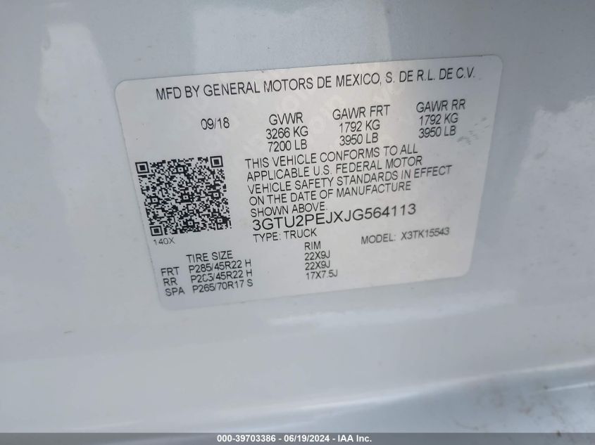 2018 GMC Sierra 1500 Denali VIN: 3GTU2PEJXJG564113 Lot: 39703386