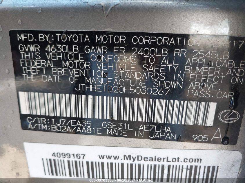 2017 Lexus Is 350 VIN: JTHBE1D20H5030267 Lot: 39703388