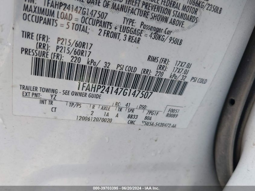 2007 Ford Five Hundred Sel VIN: 1FAHP24147G147507 Lot: 39703395