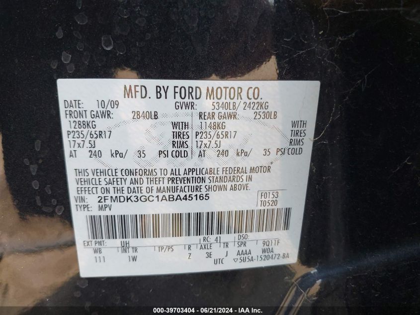 2010 Ford Edge Se VIN: 2FMDK3GC1ABA45165 Lot: 39703404