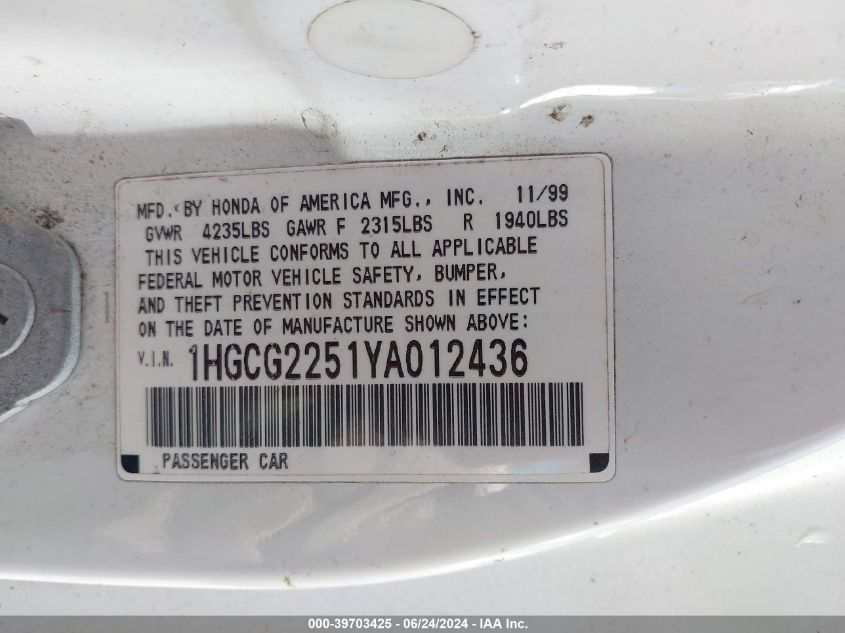 2000 Honda Accord 3.0 Ex VIN: 1HGCG2251YA012436 Lot: 39703425
