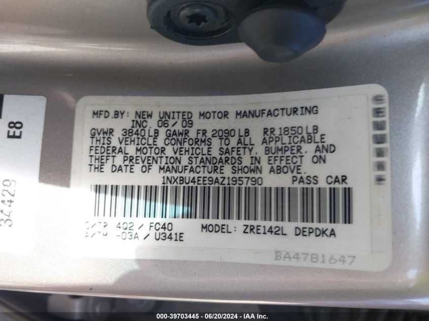 2010 Toyota Corolla Le VIN: 1NXBU4EE9AZ195790 Lot: 39703445