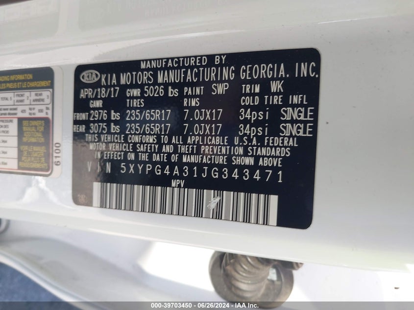 2018 Kia Sorento 2.4L Lx VIN: 5XYPG4A31JG343471 Lot: 39703450