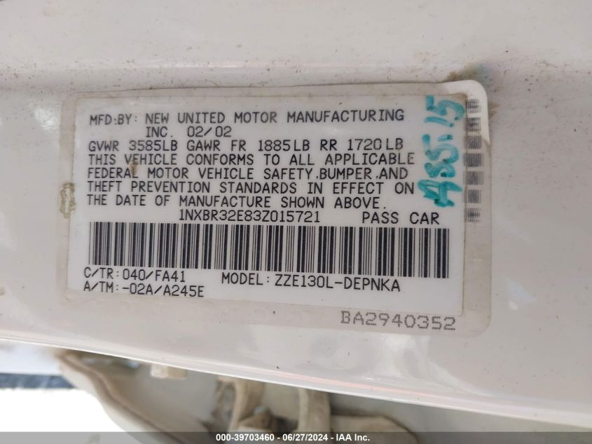 2003 Toyota Corolla Le VIN: 1NXBR32E83Z015721 Lot: 39703460