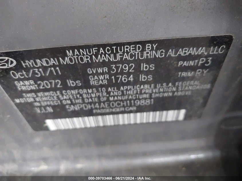 2012 Hyundai Elantra Limited VIN: 5NPDH4AE0CH119881 Lot: 39703466