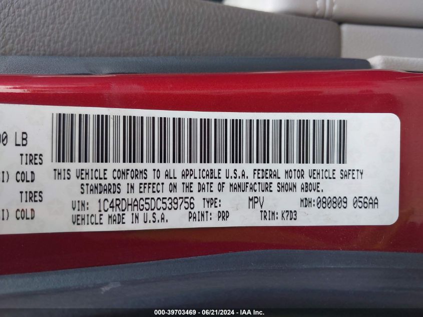 2013 Dodge Durango Sxt VIN: 1C4RDHAG5DC539756 Lot: 39703469