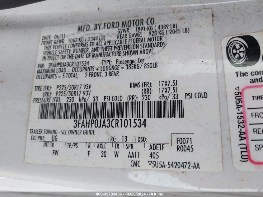 2012 Ford Fusion Sel VIN: 3FAHP0JA3CR101534 Lot: 39703486