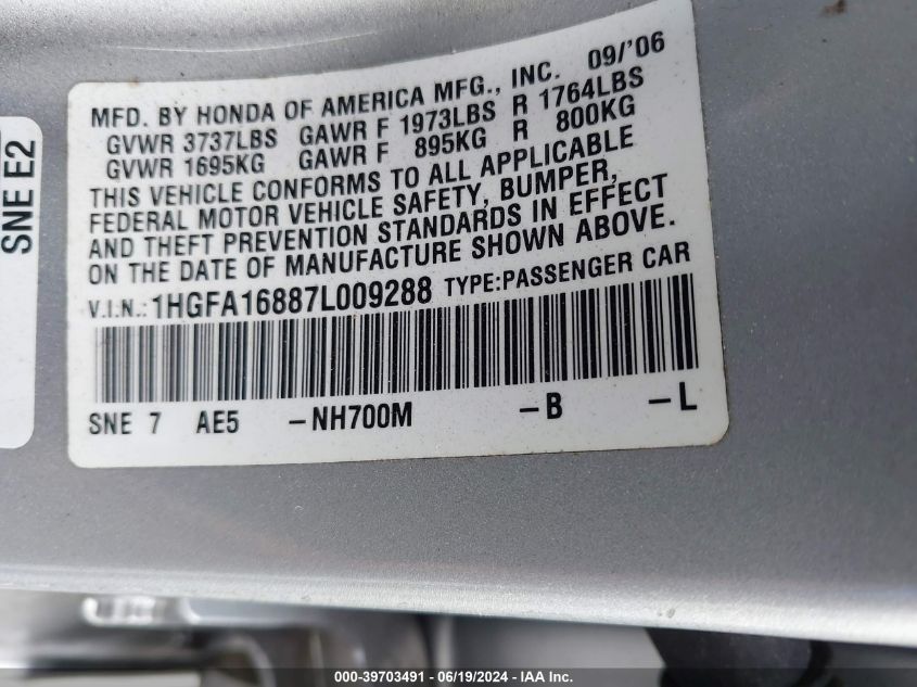2007 Honda Civic Ex VIN: 1HGFA16887L009288 Lot: 39703491
