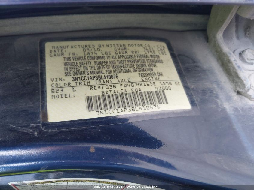 2011 Nissan Versa 1.6 VIN: 3N1CC1AP3BL410676 Lot: 39703499