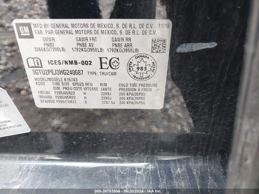 2017 GMC Sierra 1500 K1500 Denali VIN: 3GTU2PEJ3HG240687 Lot: 39703504