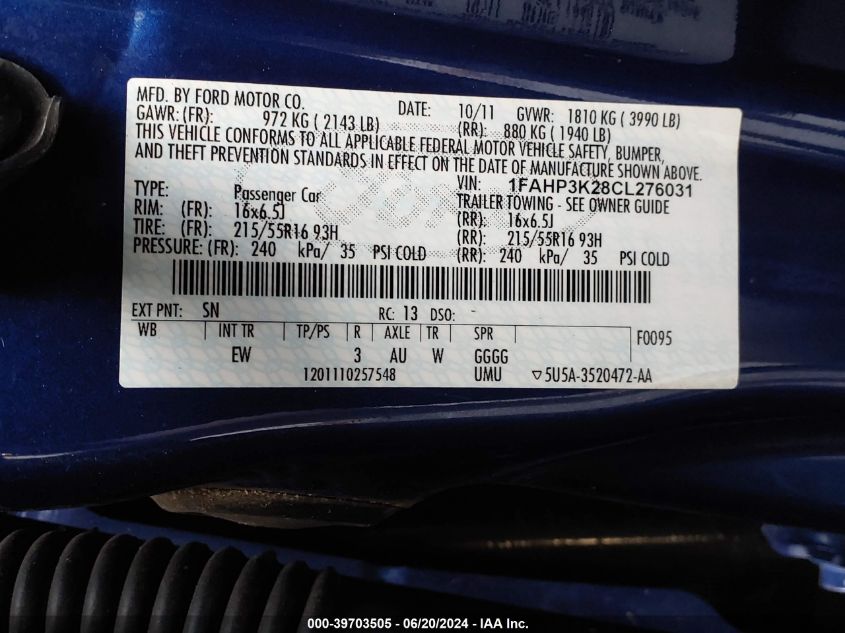 2012 Ford Focus Se VIN: 1FAHP3K28CL276031 Lot: 39703505