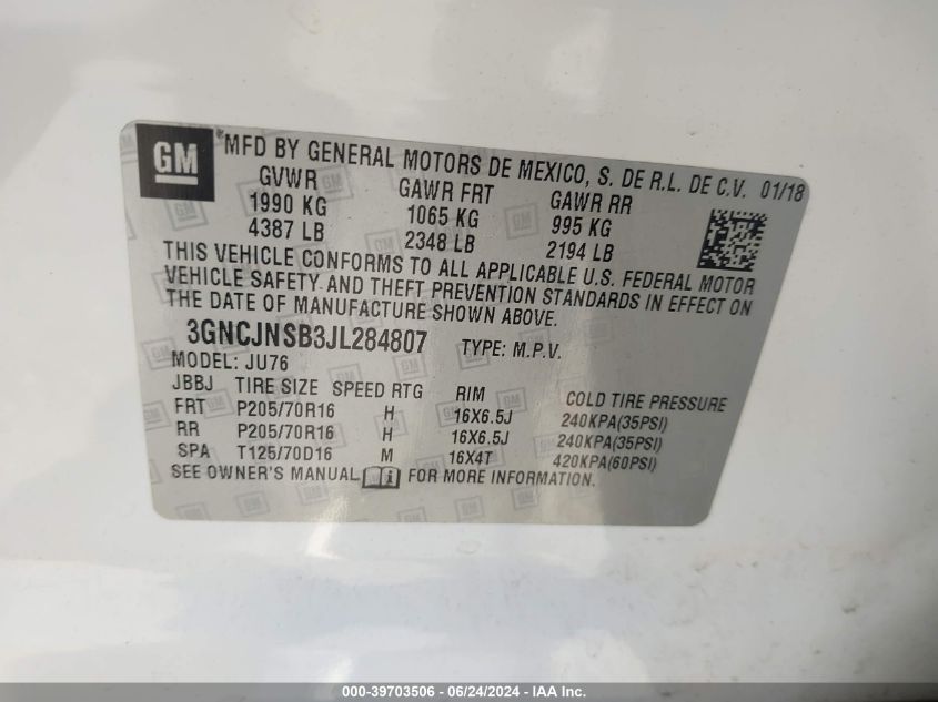 2018 Chevrolet Trax Ls VIN: 3GNCJNSB3JL284807 Lot: 39703506