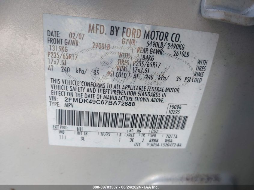 2007 Ford Edge Sel Plus VIN: 2FMDK49C67BA72888 Lot: 39703507