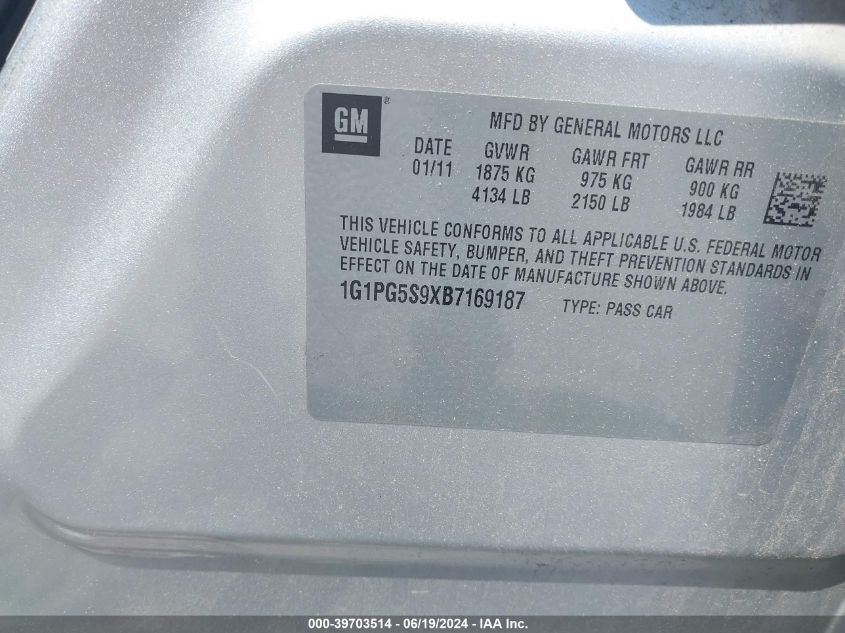 2011 Chevrolet Cruze 2Lt VIN: 1G1PG5S9XB7169187 Lot: 39703514