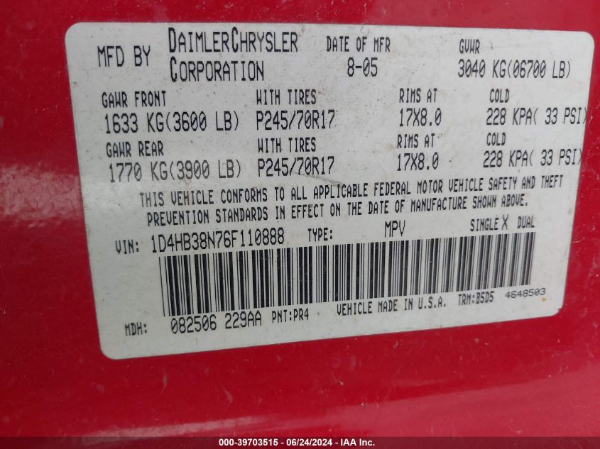 2006 Dodge Durango Sxt VIN: 1D4HB38N76F110888 Lot: 39703515