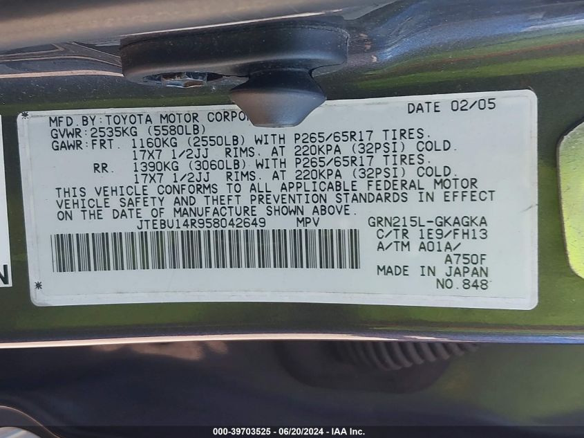 2005 Toyota 4Runner Sr5/Sport VIN: JTEBU14R958042649 Lot: 39703525