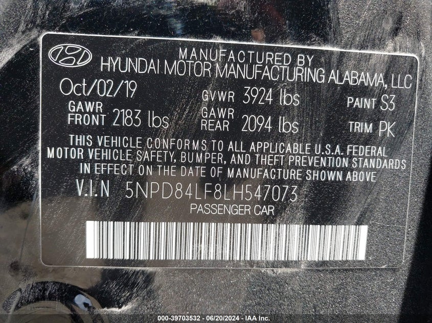 VIN 5NPD84LF8LH547073 2020 HYUNDAI ELANTRA SEL/VALUE/LIMITED