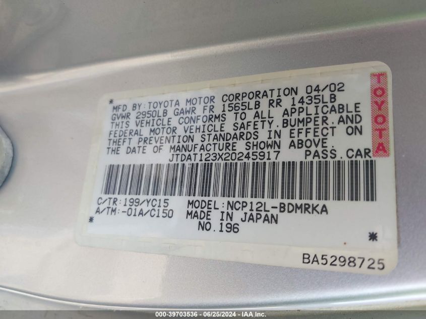 2002 Toyota Echo VIN: JTDAT123X20245917 Lot: 39703536