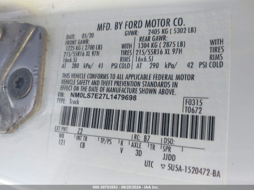 2020 Ford Transit Connect Xl VIN: NM0LS7E27L1479698 Lot: 39703553