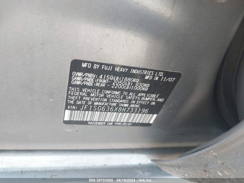 2008 Subaru Forester 2.5X VIN: JF1SG636X8H733196 Lot: 39703555