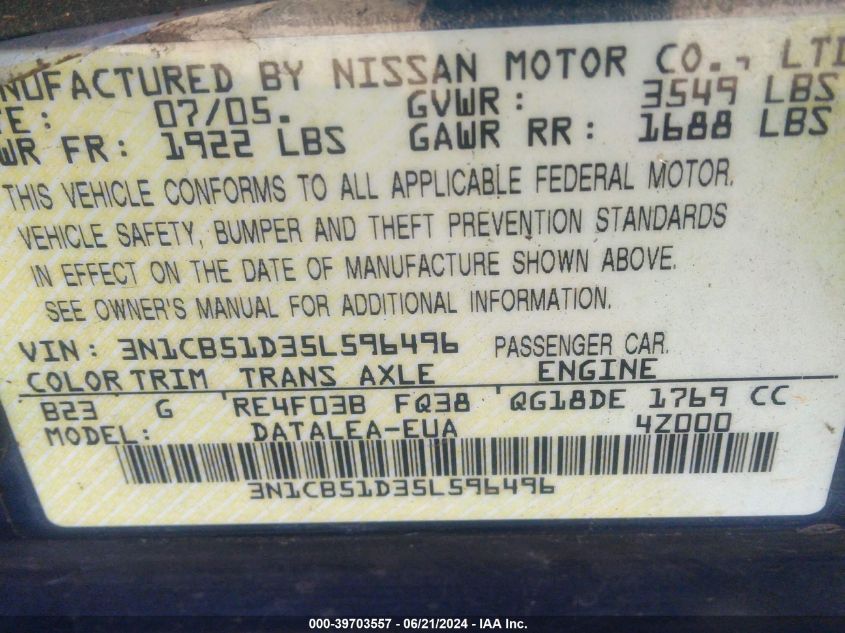 2005 Nissan Sentra 1.8/1.8S VIN: 3N1CB51D35L596496 Lot: 39703557