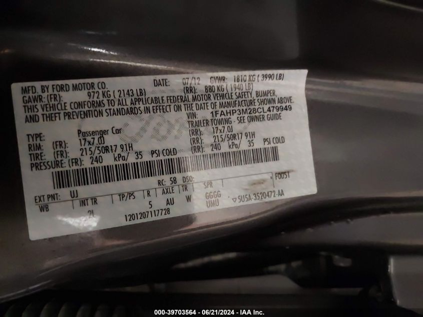2012 Ford Focus Sel VIN: 1FAHP3M28CL479949 Lot: 39703564