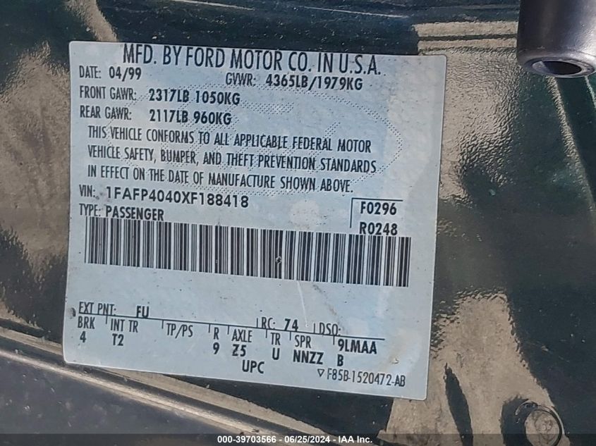 1999 Ford Mustang VIN: 1FAFP4040XF188418 Lot: 39703566