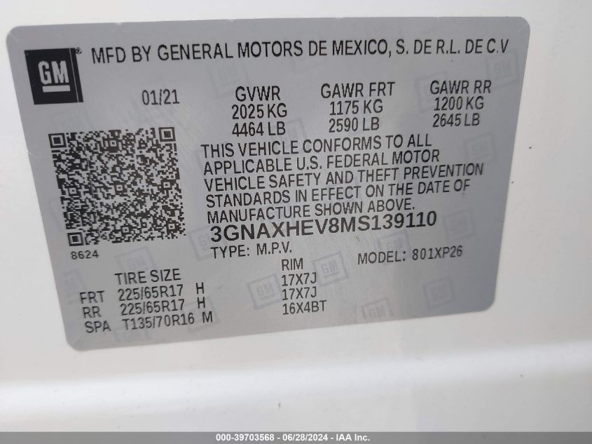 2021 Chevrolet Equinox Fwd Ls VIN: 3GNAXHEV8MS139110 Lot: 39703568