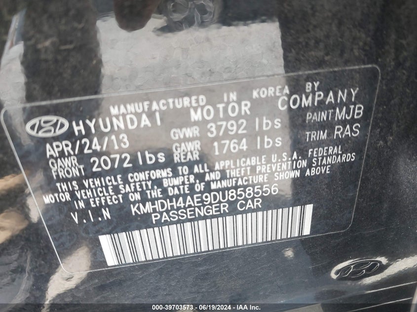 2013 Hyundai Elantra Gls VIN: KMHDH4AE9DU858556 Lot: 39703573