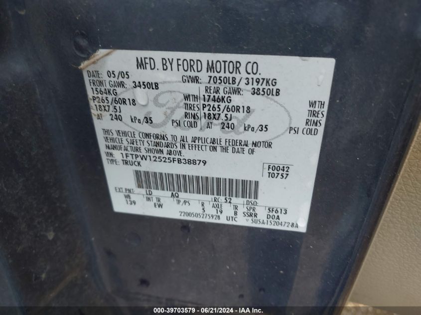2005 Ford F-150 Lariat/Xlt VIN: 1FTPW12525FB38879 Lot: 39703579