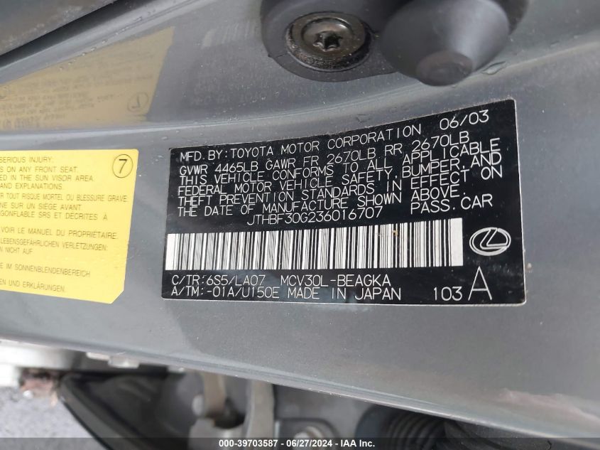 JTHBF30G236016707 2003 Lexus Es 300 Base (A5)