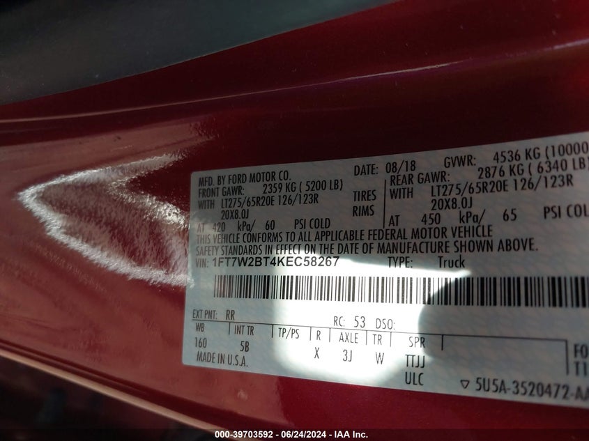2019 Ford F-250 Lariat VIN: 1FT7W2BT4KEC58267 Lot: 39703592