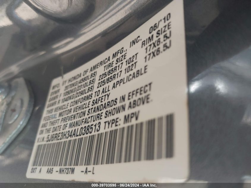 2010 Honda Cr-V Lx VIN: 5J6RE3H34AL038513 Lot: 39703595