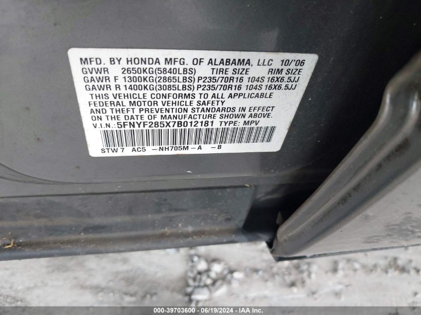 2007 Honda Pilot Ex-L VIN: 5FNYF285X7B012181 Lot: 39703600