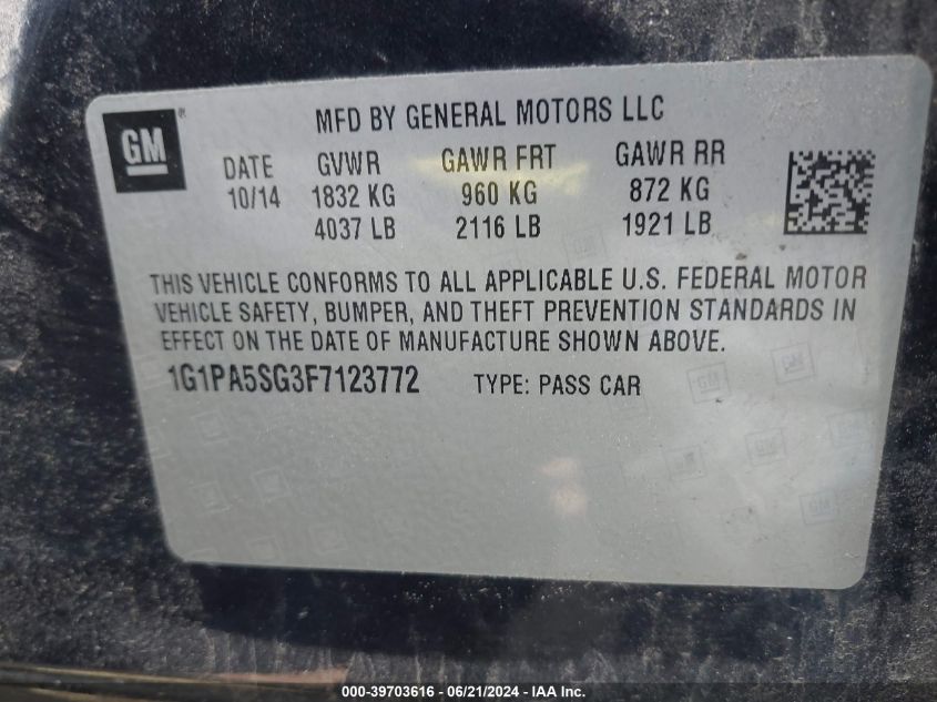 2015 Chevrolet Cruze Ls Auto VIN: 1G1PA5SG3F7123772 Lot: 39703616