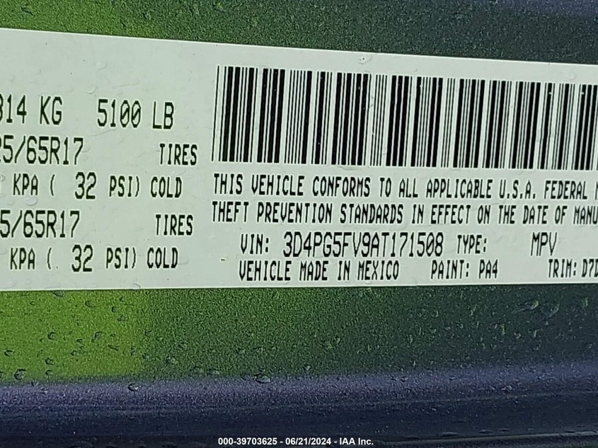 2010 Dodge Journey Sxt VIN: 3D4PG5FV9AT171508 Lot: 39703625