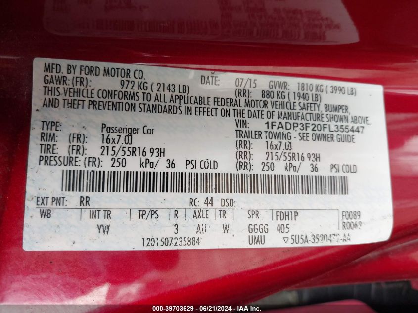 2015 Ford Focus Se VIN: 1FADP3F20FL355447 Lot: 39703629