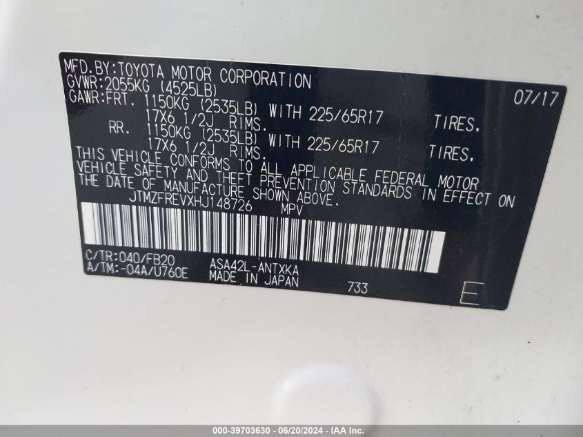 2017 Toyota Rav4 Le VIN: JTMZFREVXHJ148726 Lot: 39703630