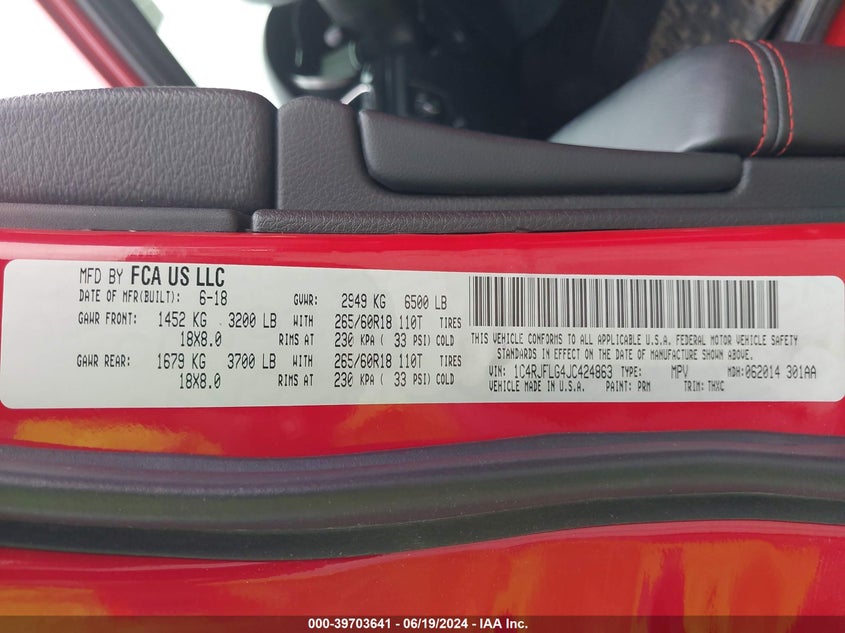 2018 Jeep Grand Cherokee Trailhawk 4X4 VIN: 1C4RJFLG4JC424863 Lot: 39703641