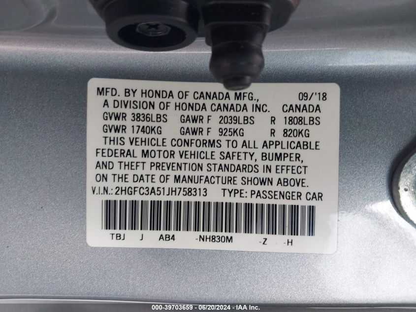 2018 Honda Civic Si VIN: 2HGFC3A51JH758313 Lot: 39703659