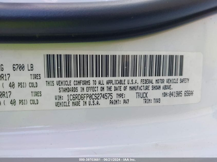 2012 Ram 1500 St VIN: 1C6RD6FP0CS274575 Lot: 39703681