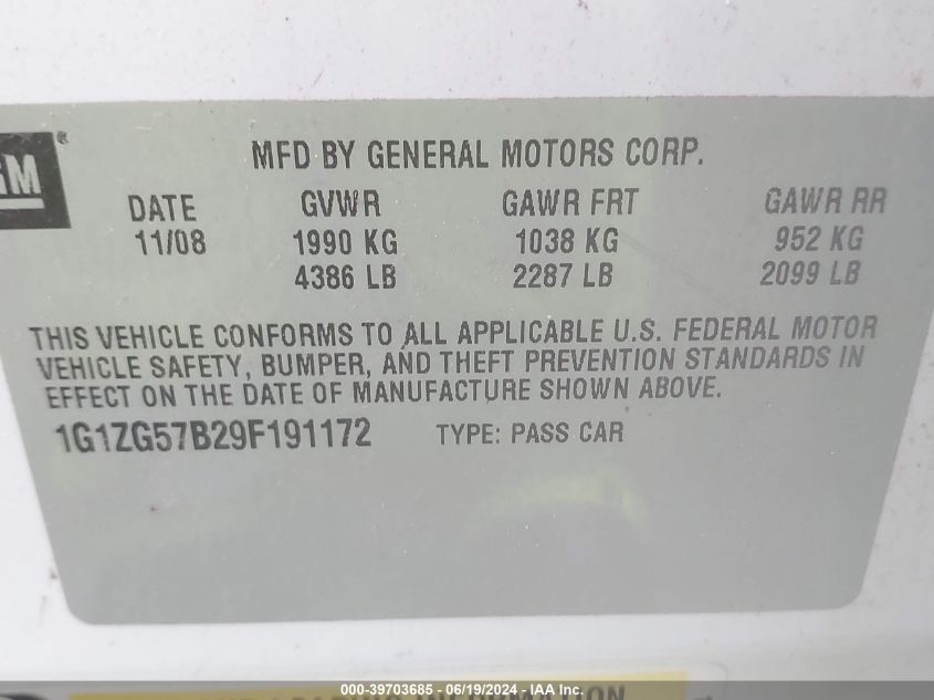 2009 Chevrolet Malibu Ls VIN: 1G1ZG57B29F191172 Lot: 39703685