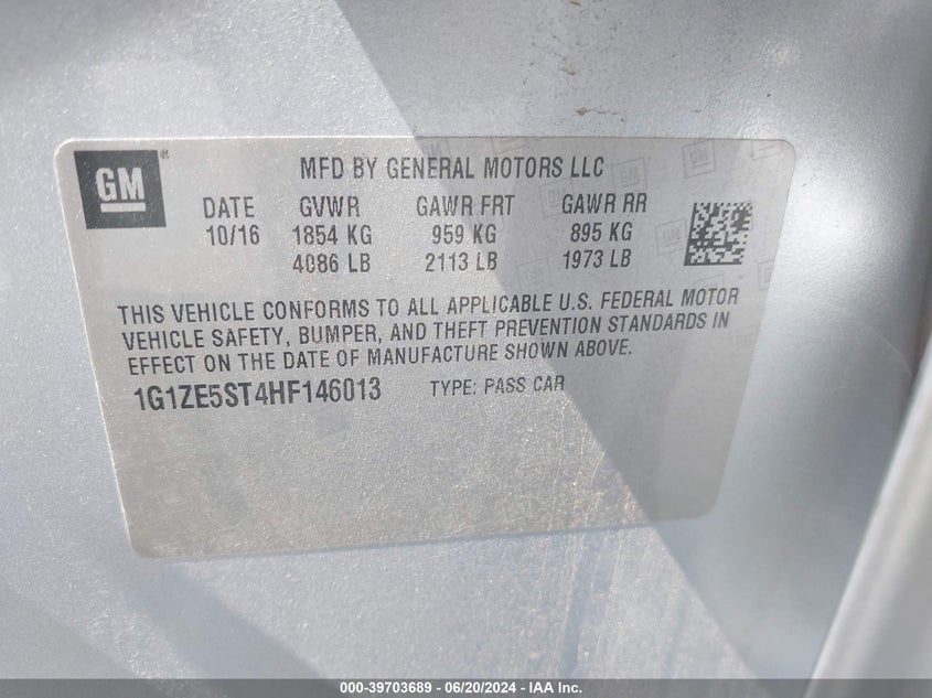 2017 Chevrolet Malibu 1Lt VIN: 1G1ZE5ST4HF146013 Lot: 39703689