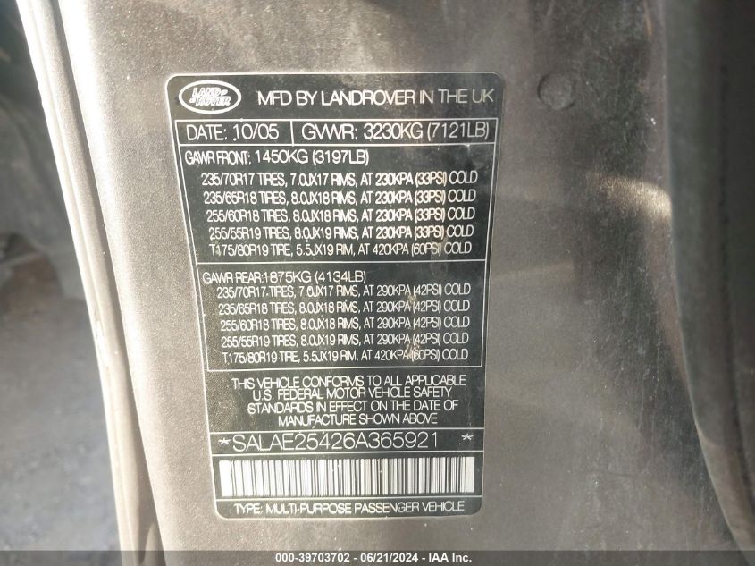 2006 Land Rover Lr3 Se VIN: SALAE25426A365921 Lot: 39703702