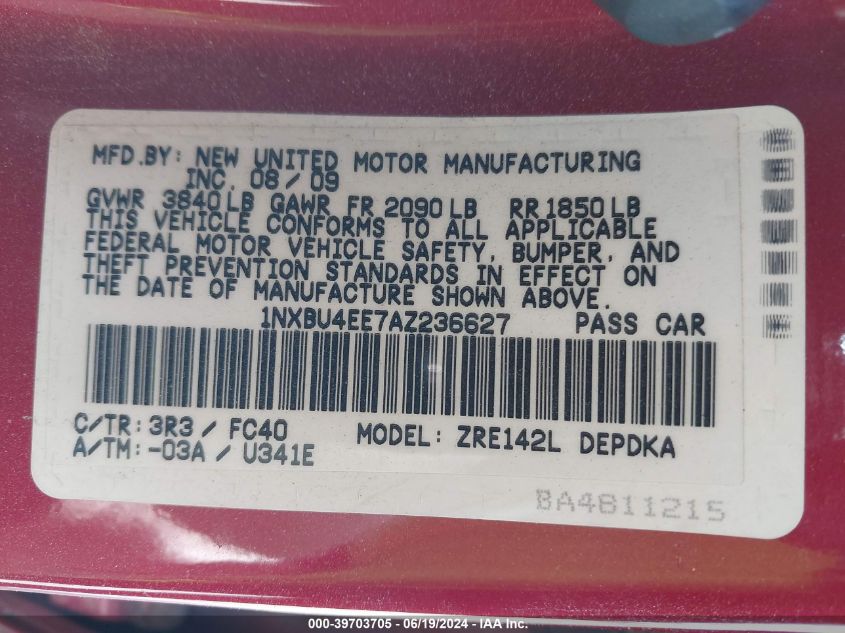 2010 Toyota Corolla Le VIN: 1NXBU4EE7AZ236627 Lot: 39703705