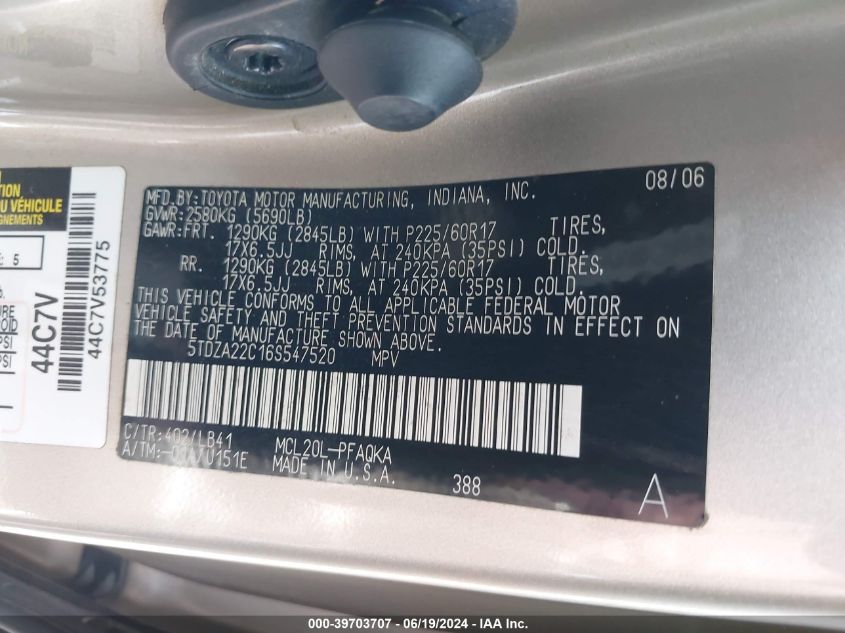 2006 Toyota Sienna Xle Limited VIN: 5TDZA22C16S547520 Lot: 39703707