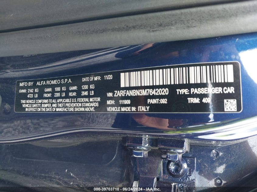 2021 Alfa Romeo Giulia Ti Awd VIN: ZARFANBN3M7642020 Lot: 39703710
