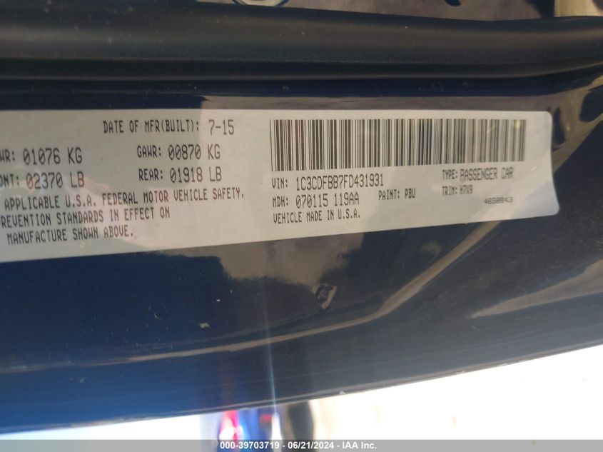 2015 Dodge Dart Sxt VIN: 1C3CDFBB7FD431931 Lot: 39703719