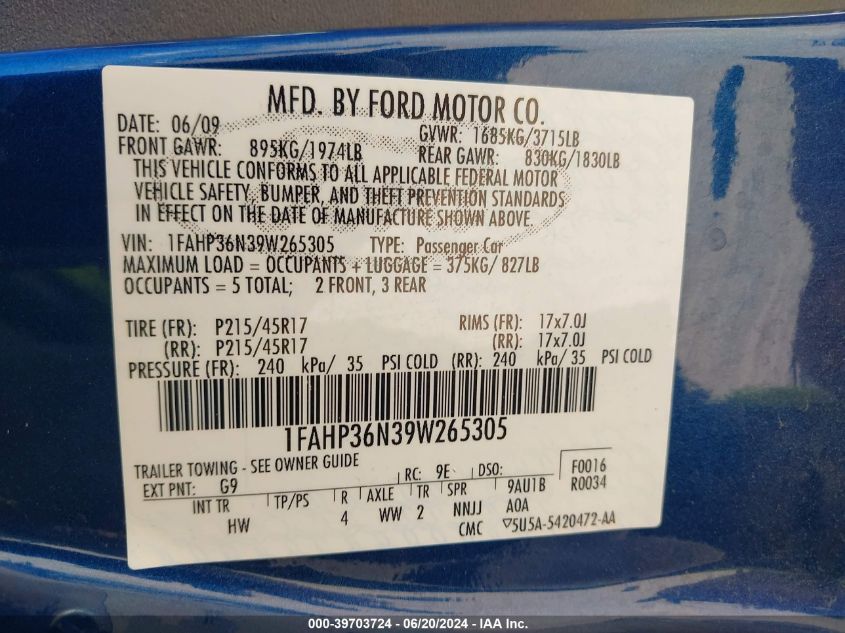 2009 Ford Focus Ses VIN: 1FAHP36N39W265305 Lot: 39703724